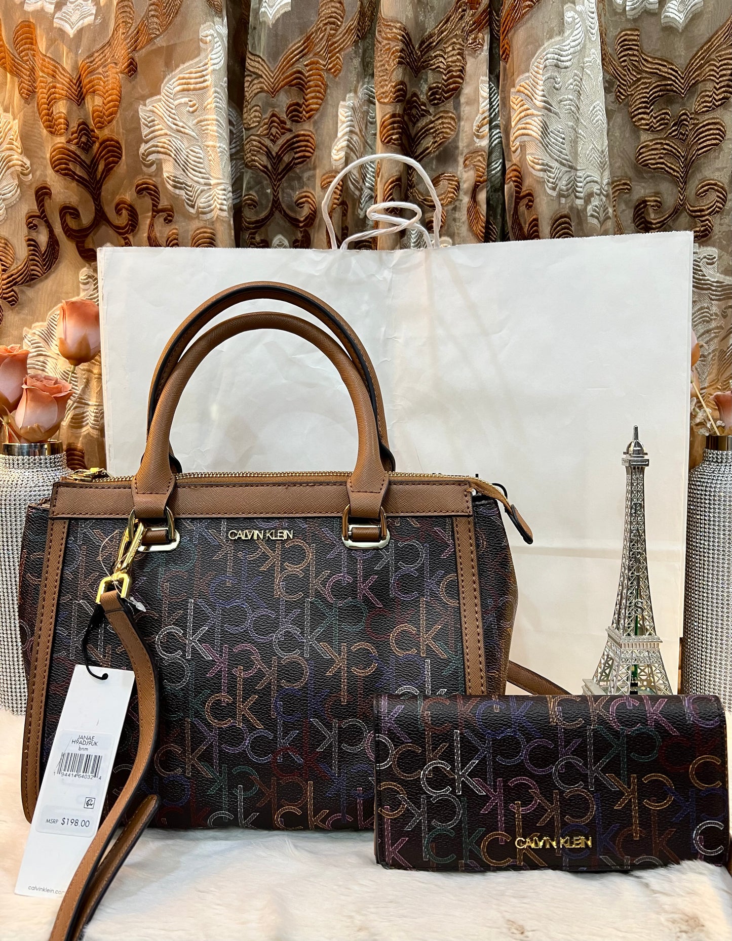 CALVIN KLEIN BUNDLE BAG & LONG WALLET JANAE SATCHEL CROSSBODY BAG IN SIGNATURE BROWN