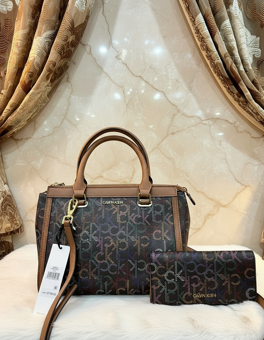 CALVIN KLEIN BUNDLE BAG & LONG WALLET JANAE SATCHEL CROSSBODY BAG IN SIGNATURE BROWN