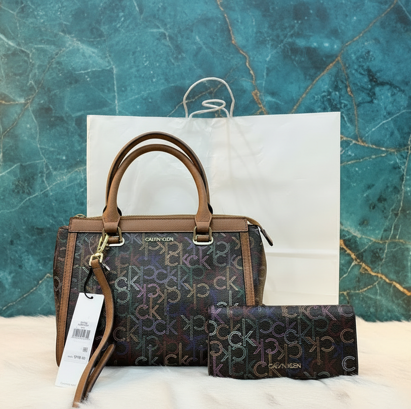 CALVIN KLEIN BUNDLE BAG & LONG WALLET JANAE SATCHEL CROSSBODY BAG IN SIGNATURE BROWN