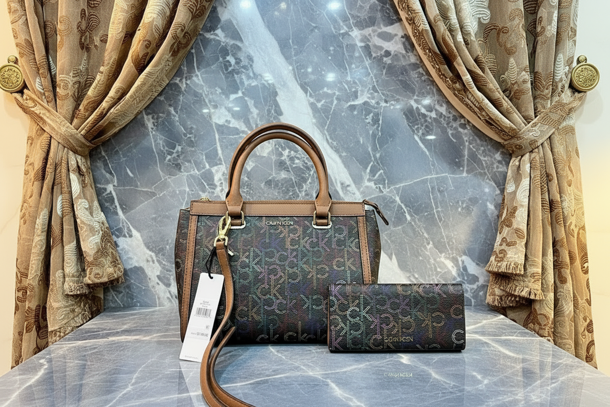 CALVIN KLEIN BUNDLE BAG & LONG WALLET JANAE SATCHEL CROSSBODY BAG IN SIGNATURE BROWN