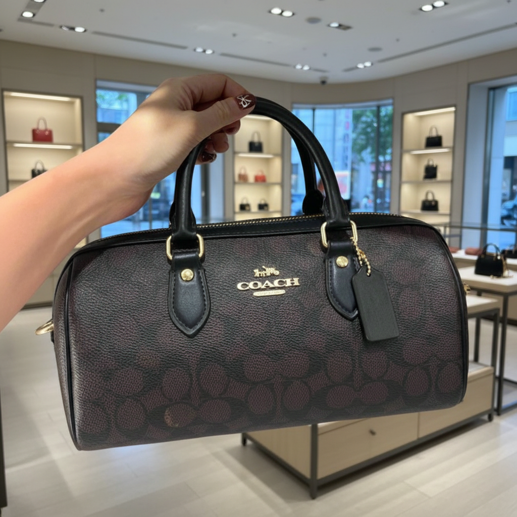 حقيبة كوتش متوسطة الحجم طويلة من قماش الروان - لون الجوز الأسود