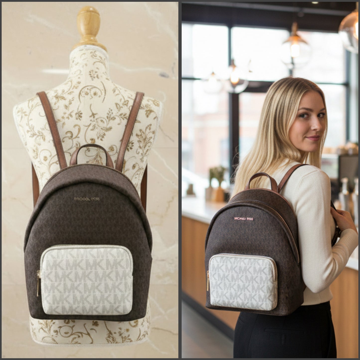MICHAEL KORS MEDIUM ERIN BACKPACK - SIGNATURE BROWN/WHITE
