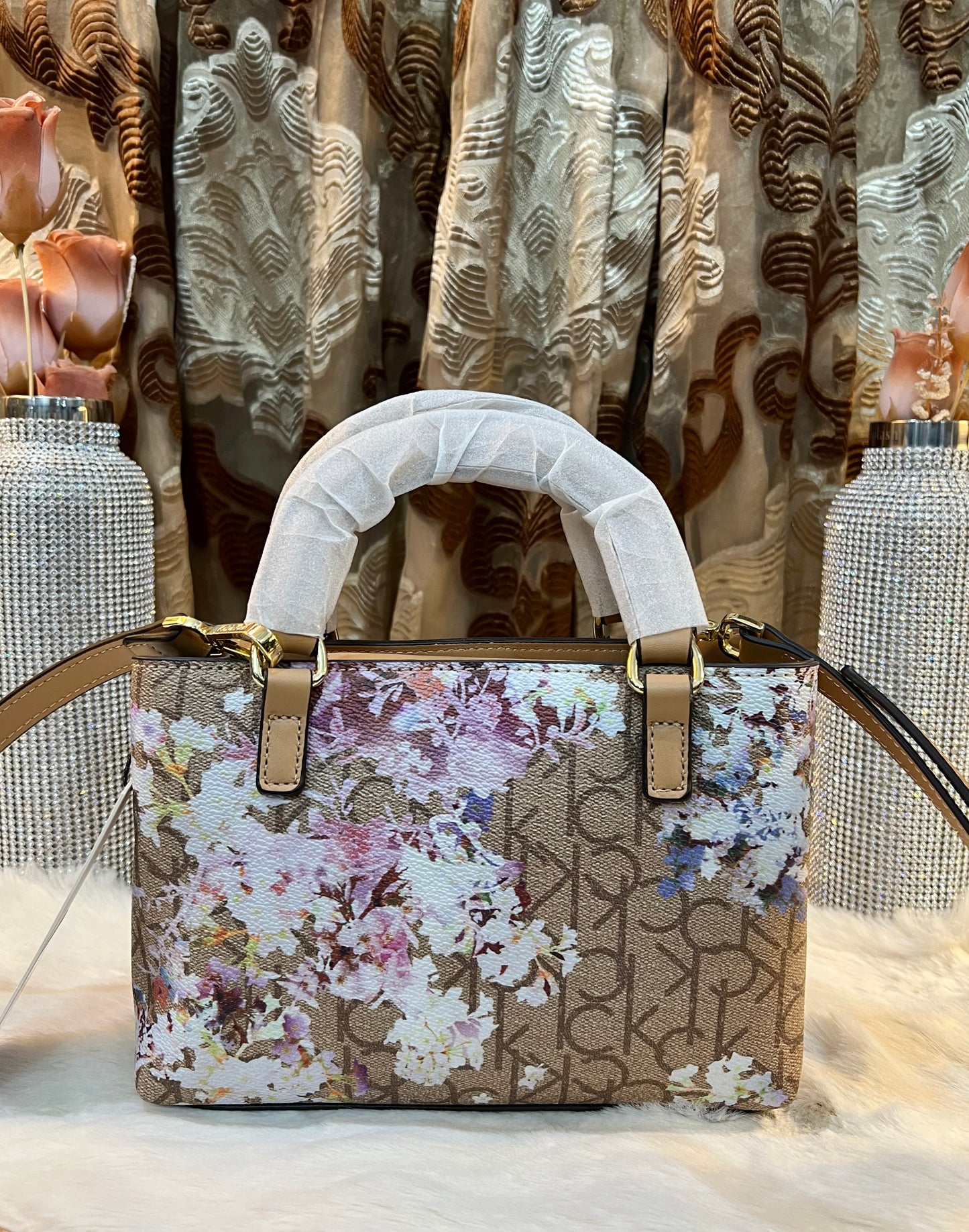 CALVIN KLEIN MINI SATCHEL LOGO FLORAL