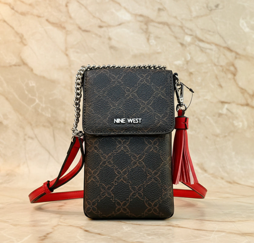 NINE WEST SPRINGY MINI PHONE CROSSBODY IN SIGNATURE BROWN/VYBER RED CANVAS