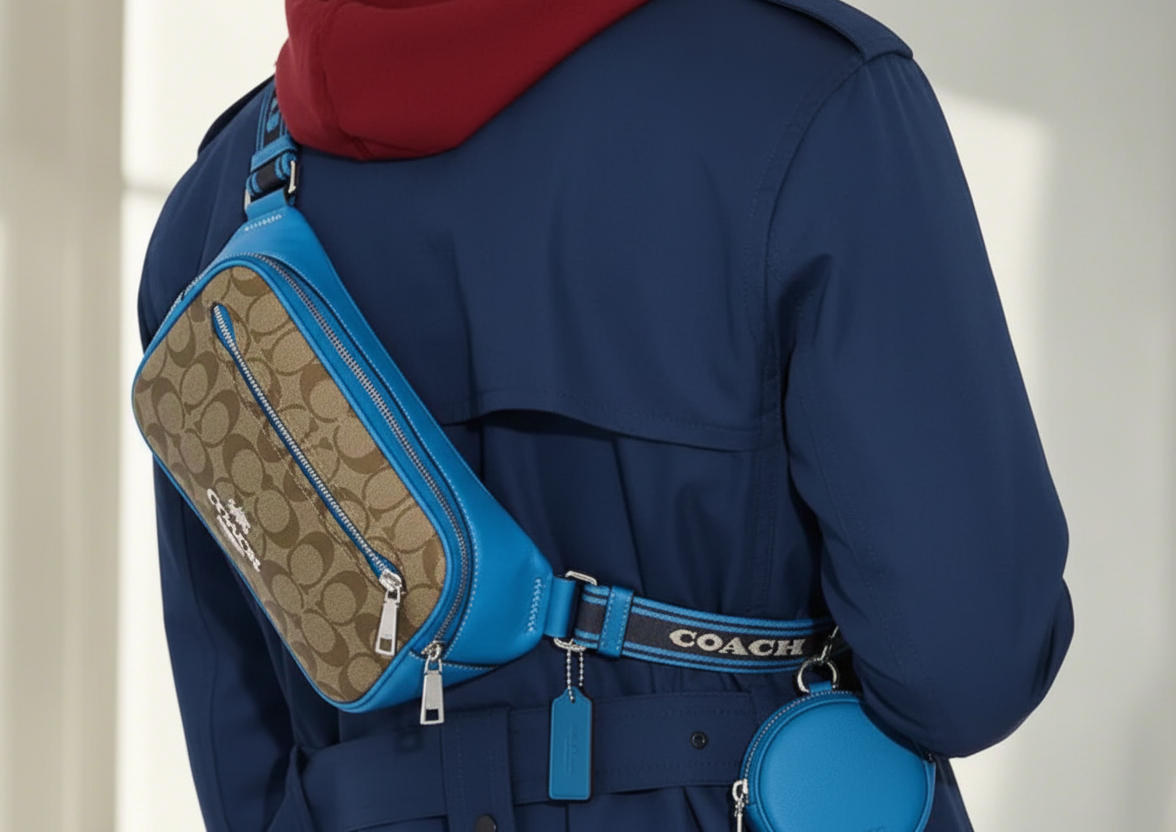 حقيبة خصر/حقيبة صدر/حقيبة جسم من كوتش إلياس، مصنوعة من قماش مميز بألوان متداخلة - كاكي/أزرق سباق