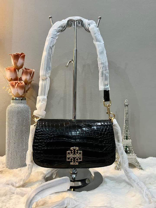 SALE! MISSING 1 BUTTON ON SHOULDER STRAP - TORY BURCH EMBOSSED CROC BRITTEN CONVERTIBLE SHOULDER BAG/XBODY BAG - BLACK