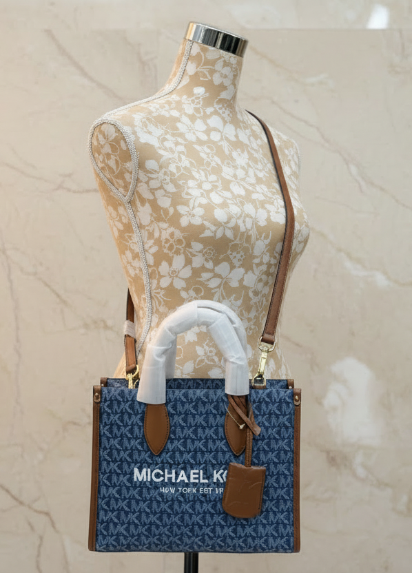 MICHAEL KORS MIRELLA SMALL SHOPPER TOP ZIP CROSSBODY BAG - DENIM MULTI LOGO