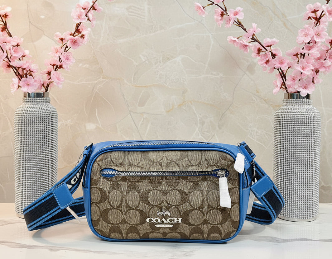 حقيبة خصر/حقيبة صدر/حقيبة جسم من كوتش إلياس، مصنوعة من قماش مميز بألوان متداخلة - كاكي/أزرق سباق