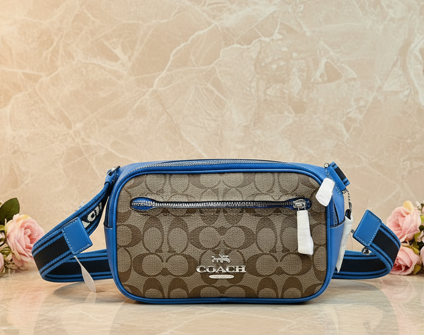 حقيبة خصر/حقيبة صدر/حقيبة جسم من كوتش إلياس، مصنوعة من قماش مميز بألوان متداخلة - كاكي/أزرق سباق