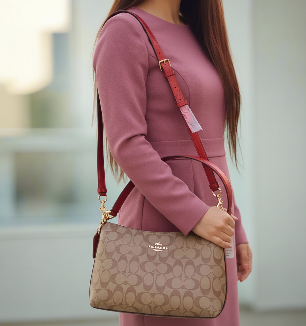 COACH BUNDLE LEWIS SHOULDER BAG/CROSSBODY BAG & ZIP AROUND WRISLET WALLET IN SIGNATURE CANVAS METTALIC CLAY LINING