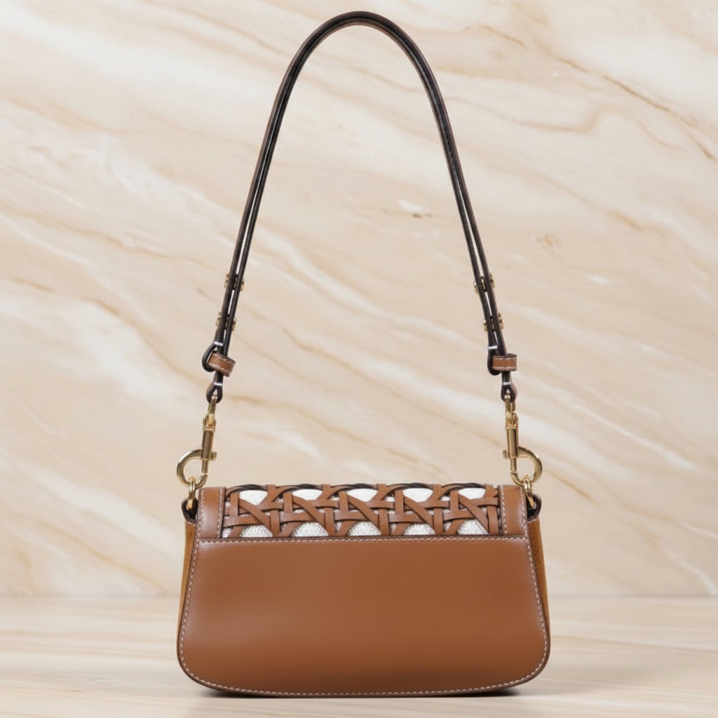 TORY BURCH BRITTEN  BASKET WEAVE CONVERTIBLE CRISSBODY/SHOULDER BAG - MOOSE COLOR