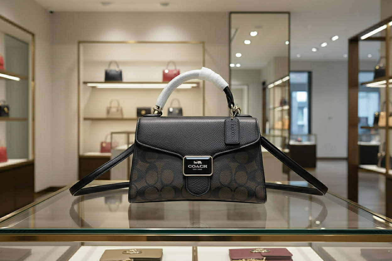 COACH SMALL PEPPER SATCHEL TOP HANDLE IN SIGNATURE BROWN BLACK