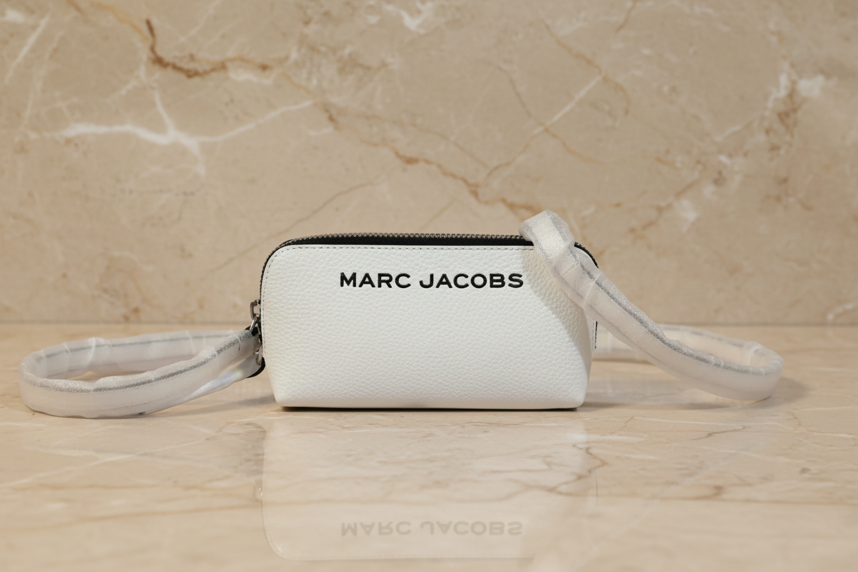 MARC JACOBS GRIND WHITE COTTON PEBBLE LEATHER MINI CROSSBODY/POUCH