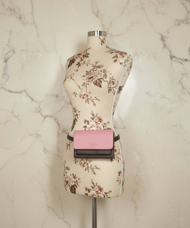 حقيبة كوتش قابلة للطي 3 في 1، حقيبة خصر/حقيبة كروس/حقيبة بودي - لون وردي فاتح، بنقشة جلد الثعبان المميزة