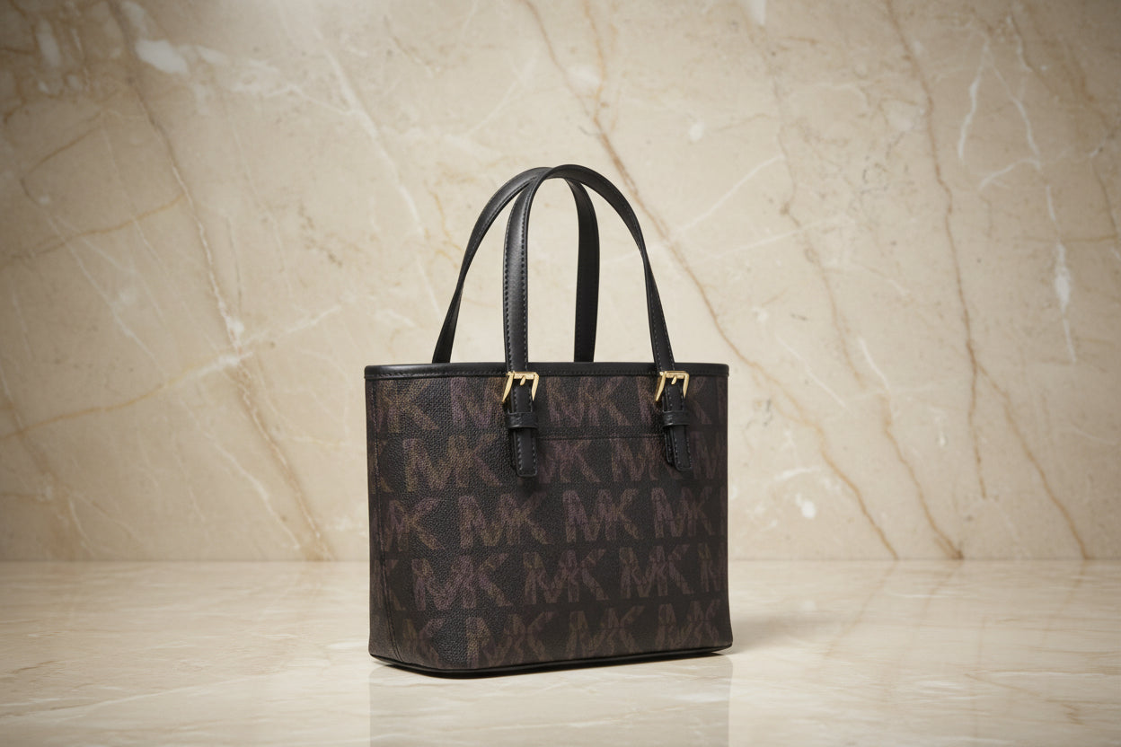 MICHAEL KORS JET SET TRAVEL ZIP TOTE XS LOGO BLACK BROWN COLOR