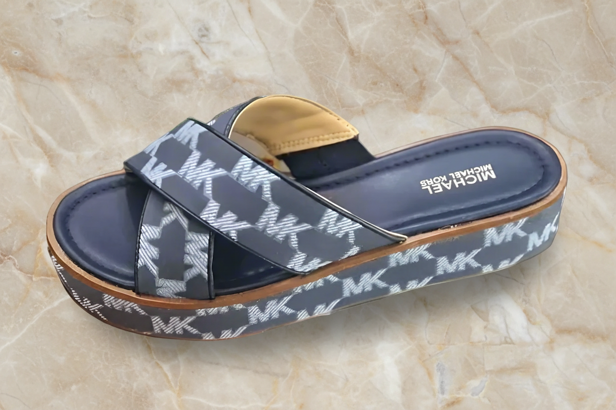 MICHAEL KORS INDIRA LOGO JACQUARD PLATFORM SANDALS - BLUE - SIZE 6 CAN FIT TO SIZE 5.5