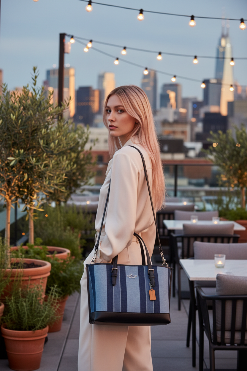 COACH MOLLIE TOTE 25 IN SIGNATURE JACQUARD WITH STRIPES - SILVER/MIDNIGHT MULTI