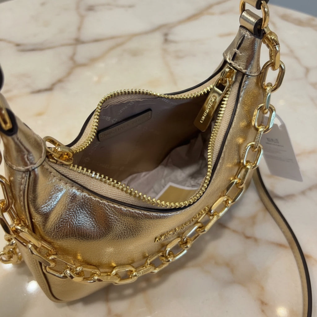 MICHAEL KORS MINI CORA CHAIN SHOULDER BAG/CROSBODY BAG - METTALIC PEBBLE GOLD