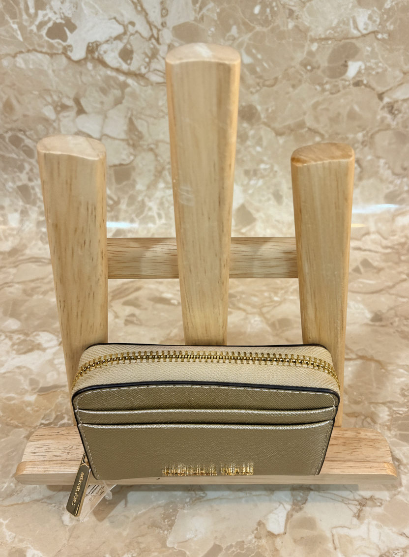 MICHAEL KORS JET SET TRAVEL ZIP AROUND CARD CASE/COIN PURSE WALLET - PALE GOLD
