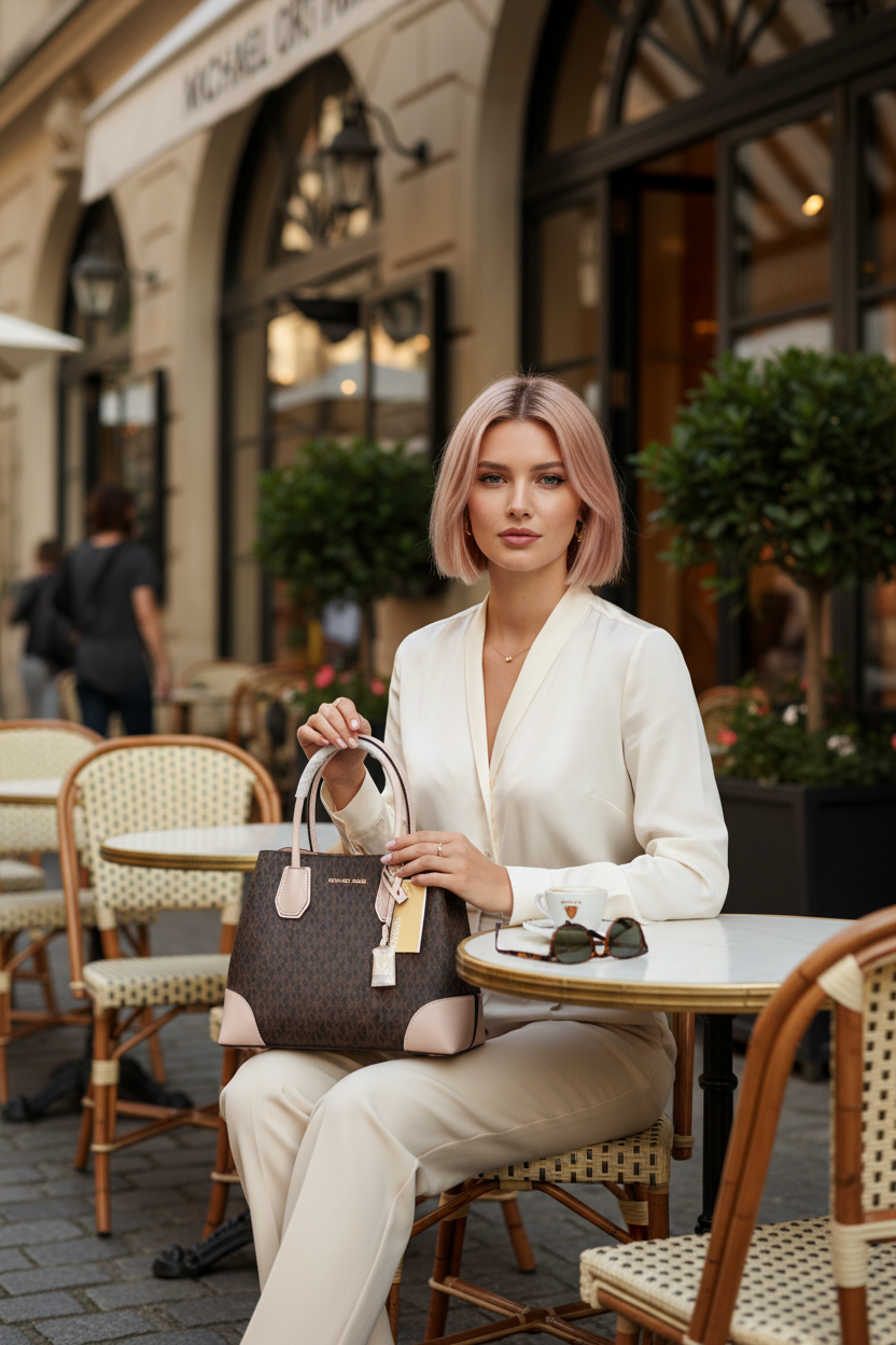MICHAEL KORS MERCER GALLERY MEDIUM LOGO SATCHEL BAG - BROWN/SOFT PINK