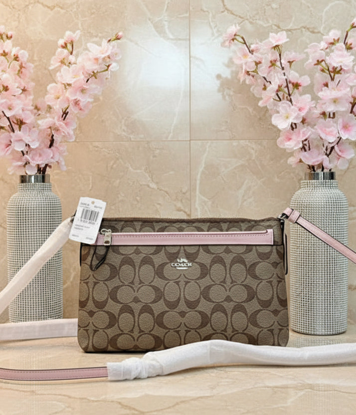SALE‼️ COACH EAST WEST CROSSBODY WITH POP-UP POUCH KHAKI-PINK - WITH FLAWS/PEELED OFF/SCALED FROM THE CREED INSIDE, SEE PHOTO