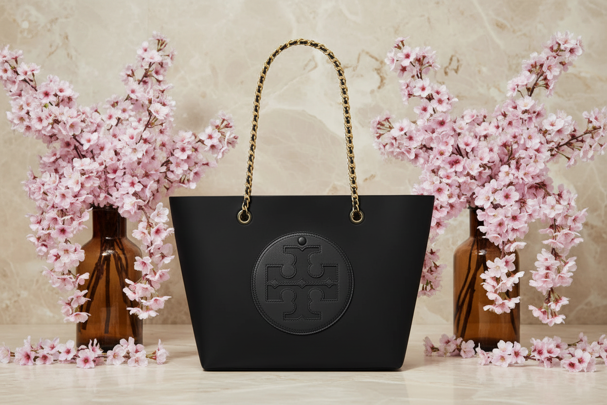 TORY BURCH ELLA PUPPY MAGNETIC CLOSURE CHAIN TOTE - BLACK