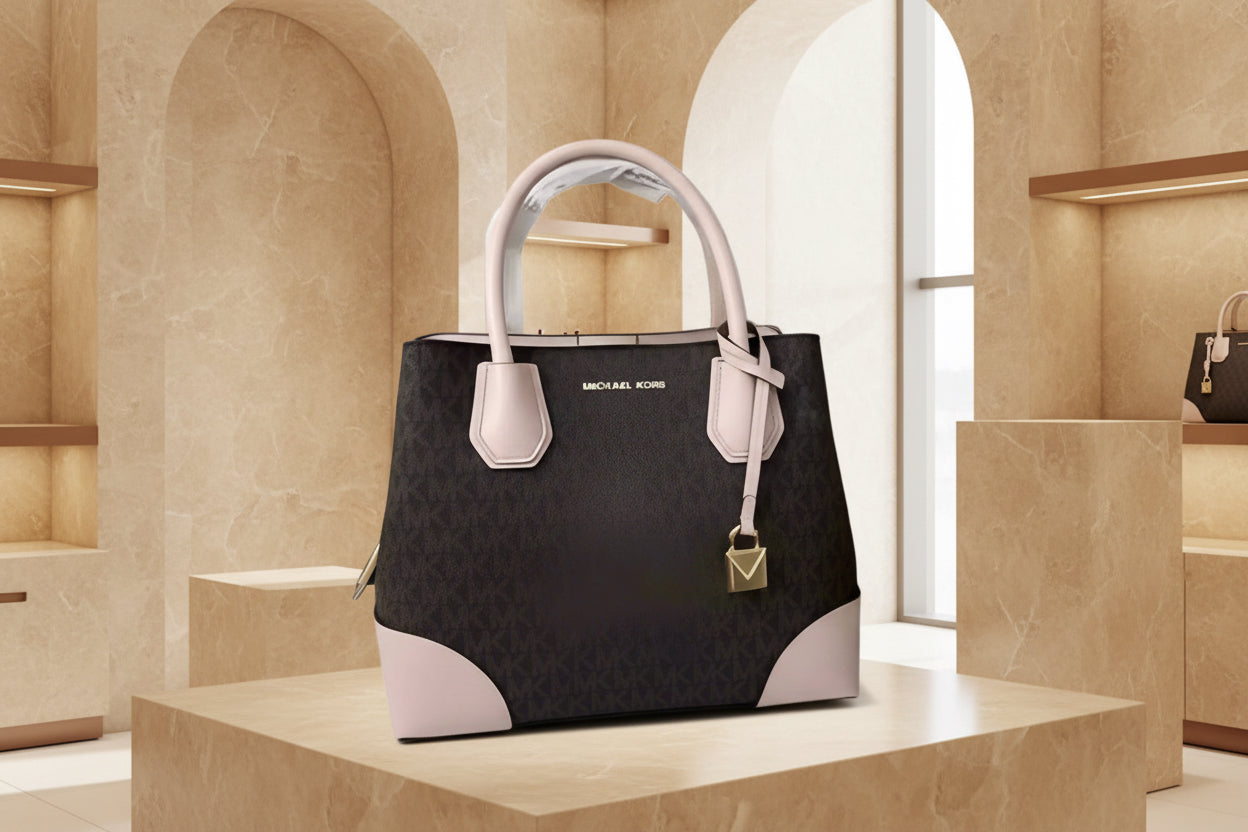 MICHAEL KORS MERCER GALLERY MEDIUM LOGO SATCHEL BAG - BROWN/SOFT PINK