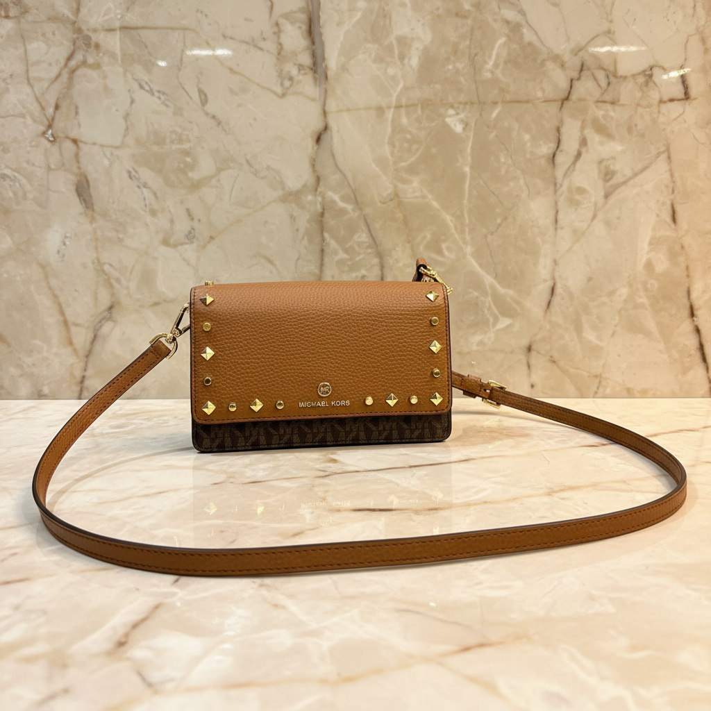 MICHAEL KORS Jet Set Small Studded Faux Leather & Logo Smartphone Crossbody Bag - SALE ‼️ With slight bumped in front ( From Boutique Store )