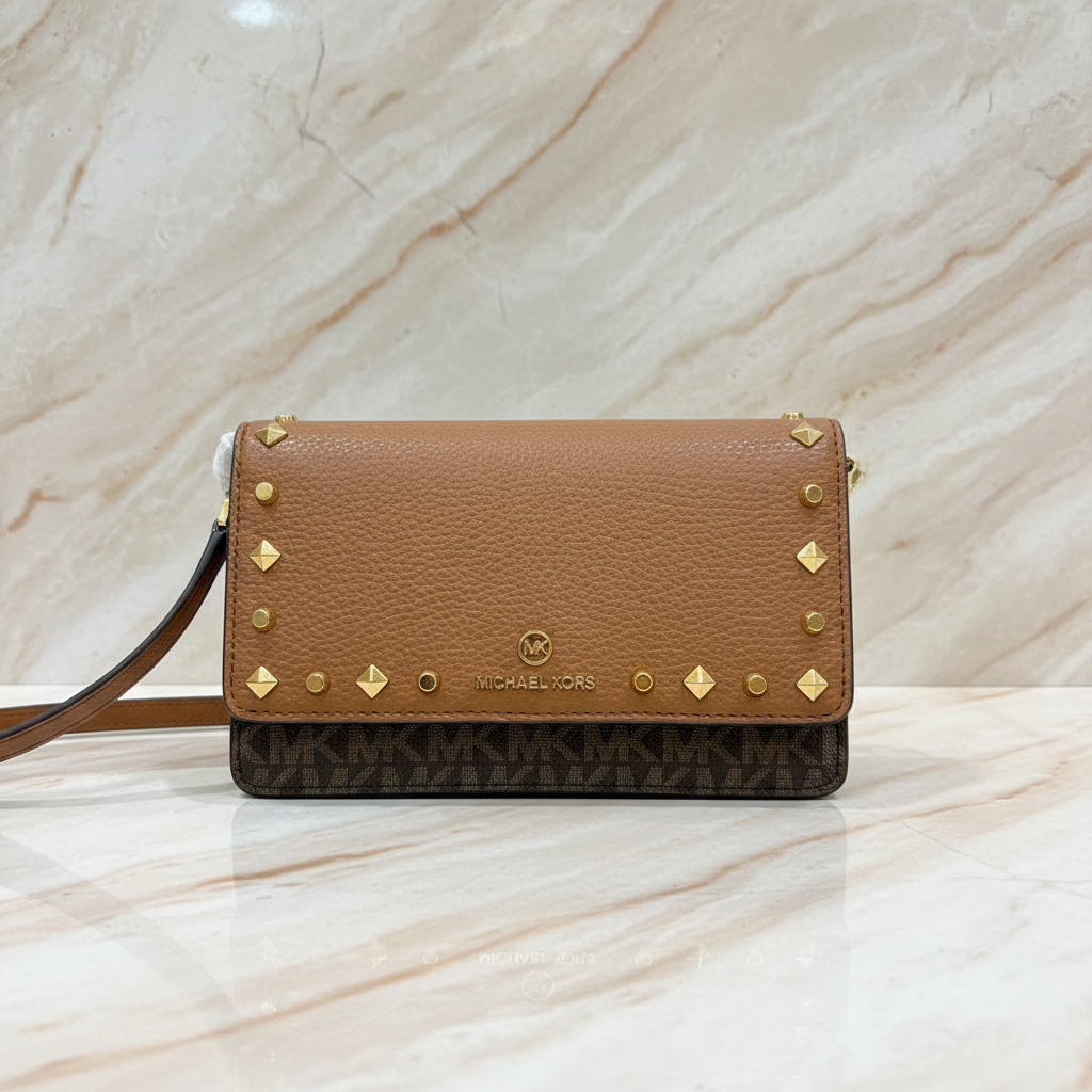 MICHAEL KORS Jet Set Small Studded Faux Leather & Logo Smartphone Crossbody Bag - SALE ‼️ With slight bumped in front ( From Boutique Store )