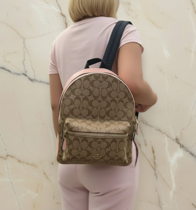 COACH CHARLIE MEDIUM BACKPACK - SIGNATURE BROWN/PINK