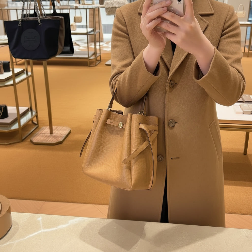 SALE!!! WITH CREASE IN FRONT DUE TO CARGO HANDLING - TORY BURCH SMALL ROMY BUCKET - BROWN