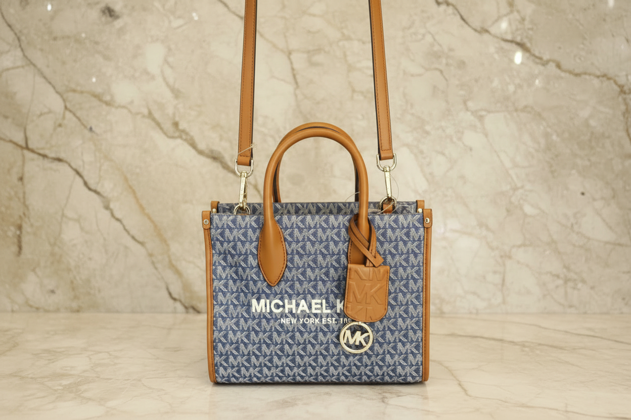 MICHAEL KORS MIRELLA SMALL SHOPPER TOP ZIP CROSSBODY BAG - DENIM MULTI LOGO