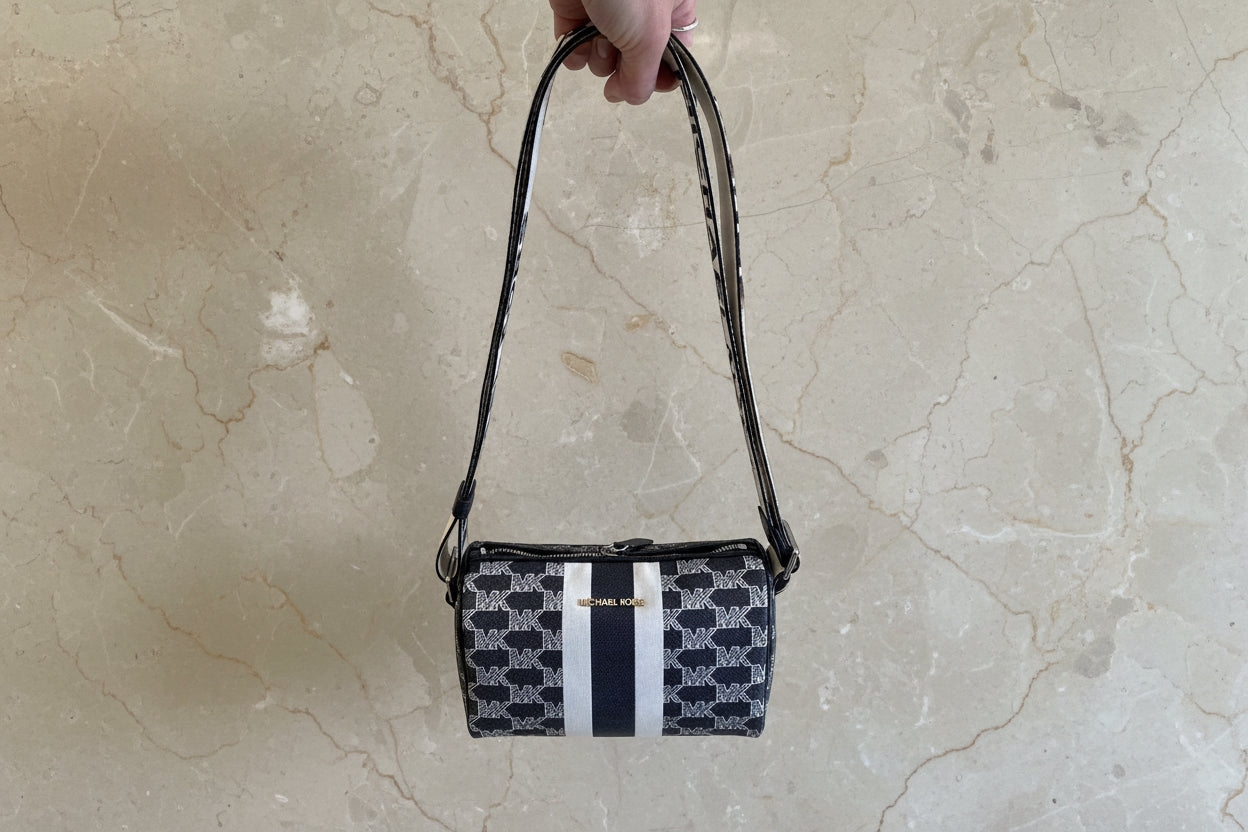 MICHAEL KORS COOPER MINI DUFFLE CROSSBODY IN SIGNATURE CANVAS STRIPE NWT BLACK MULTI