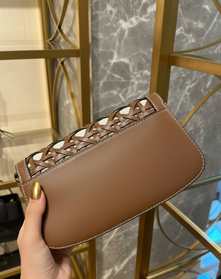 TORY BURCH BRITTEN  BASKET WEAVE CONVERTIBLE CRISSBODY/SHOULDER BAG - MOOSE COLOR