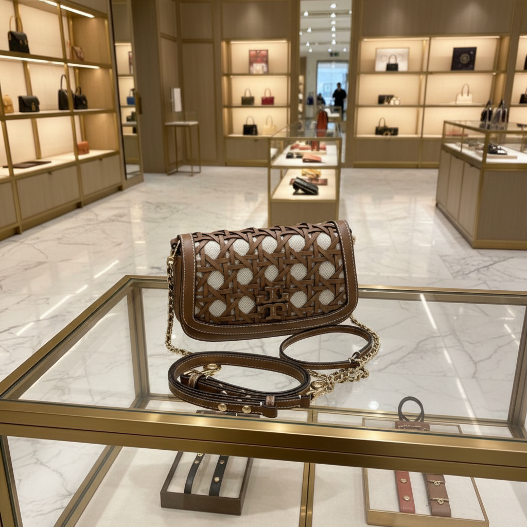 TORY BURCH BRITTEN  BASKET WEAVE CONVERTIBLE CRISSBODY/SHOULDER BAG - MOOSE COLOR
