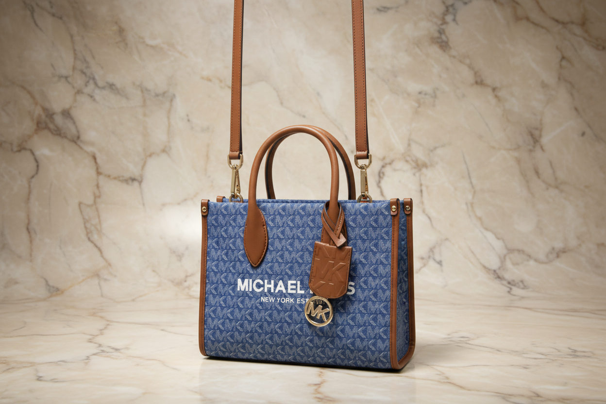 MICHAEL KORS MIRELLA SMALL SHOPPER TOP ZIP CROSSBODY BAG - DENIM MULTI LOGO