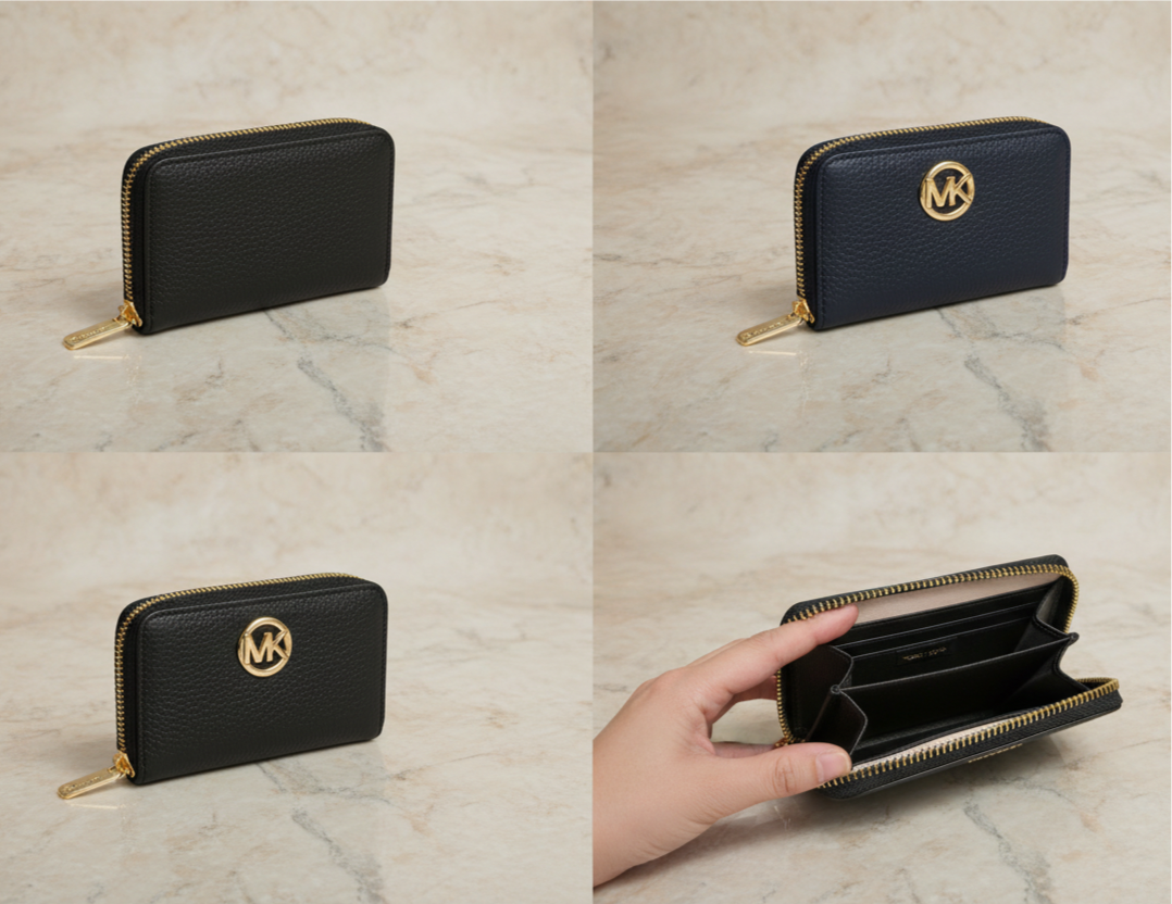 MICHAEL KORS FULTON LEATHER ZIP AROUND COIN PURSE - BLACK