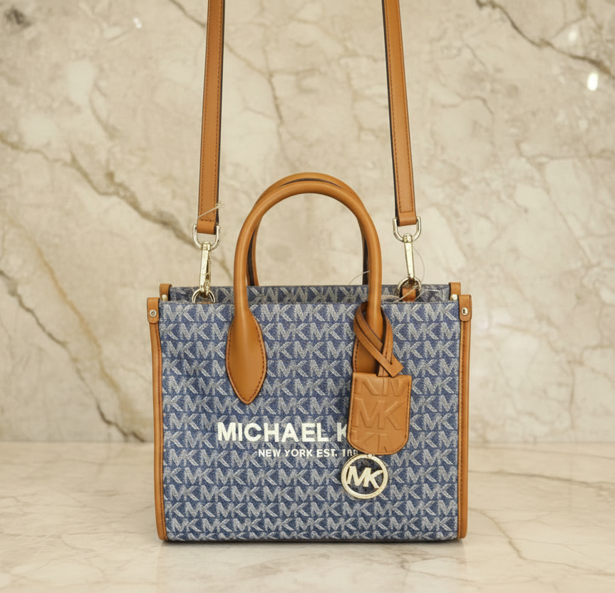 MICHAEL KORS MIRELLA SMALL SHOPPER TOP ZIP CROSSBODY BAG - DENIM MULTI LOGO