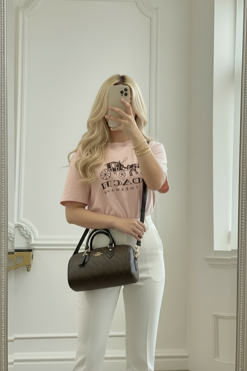 حقيبة كوتش متوسطة الحجم طويلة من قماش الروان - لون الجوز الأسود