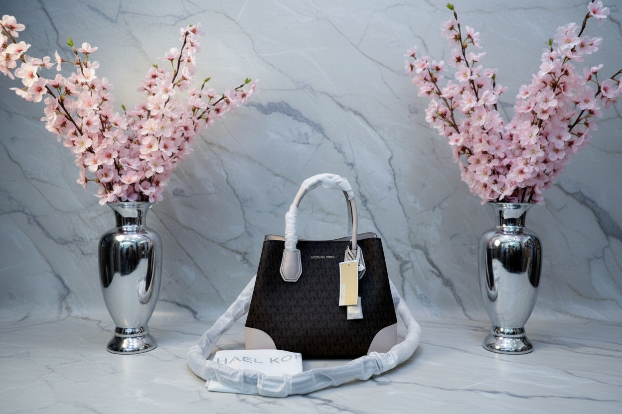 MICHAEL KORS MERCER GALLERY MEDIUM LOGO SATCHEL BAG - BROWN/SOFT PINK