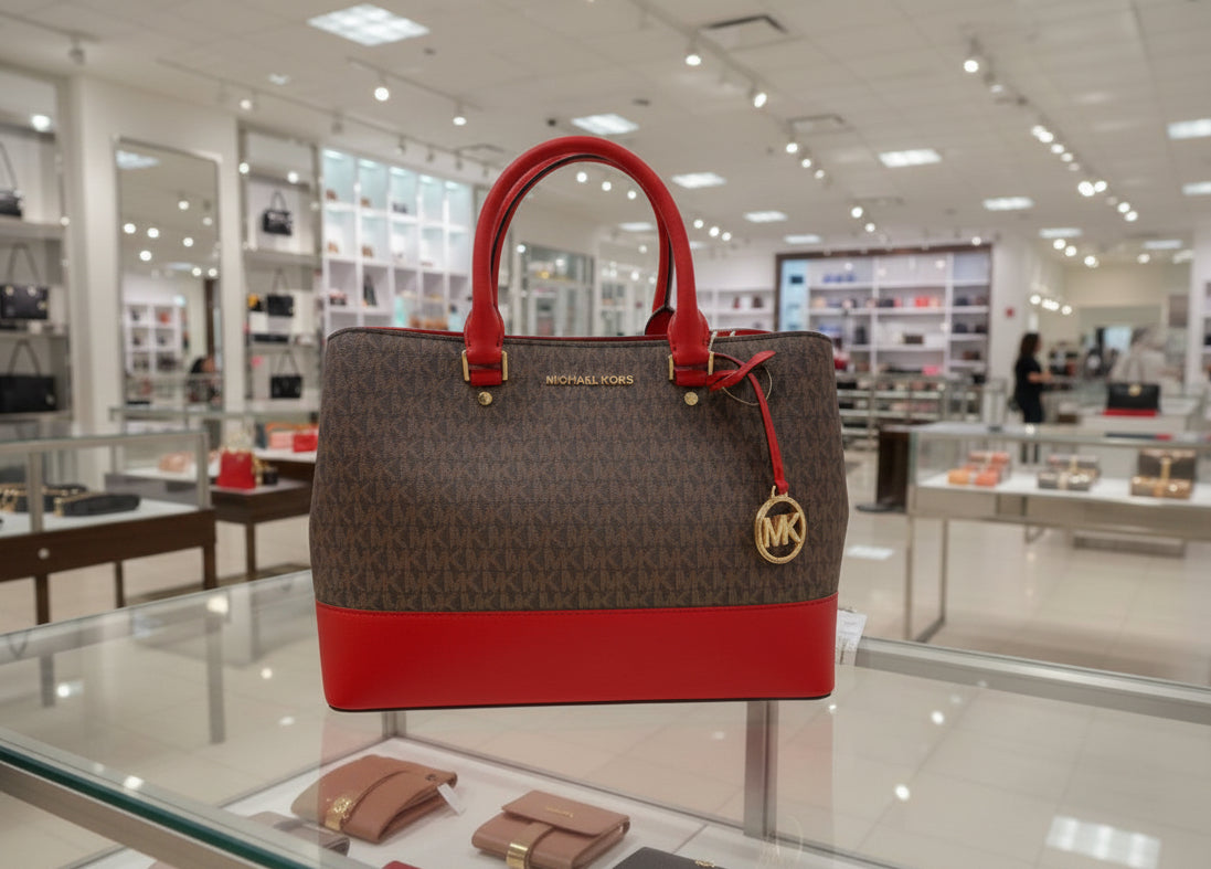 MICHAEL KORS SAVANNAH LARGE SATCHEL IN SIGNATURE BROWN/RED - SCARLET