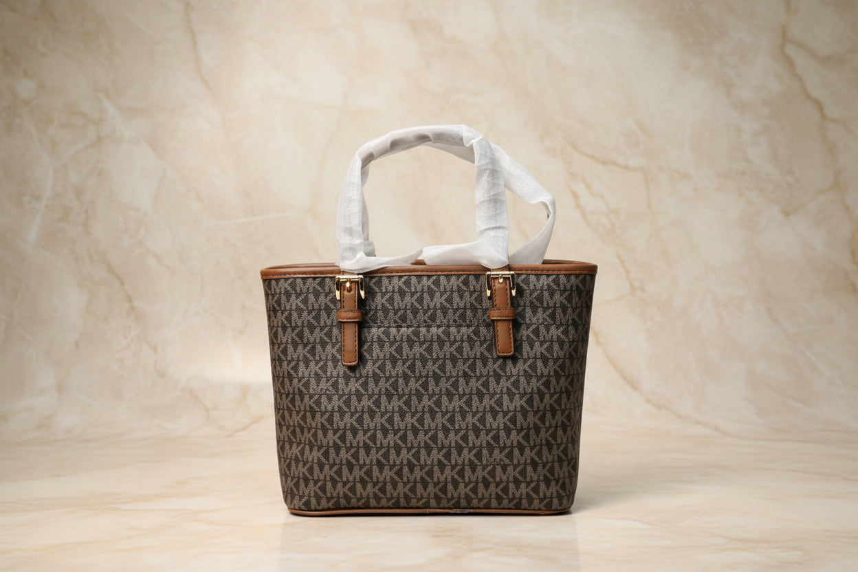MICHAEL KORS XS JET SET CARRYALL TRAVEL ZIP TOTE - BLACK - BROWN MULTI WITH A TOUCH OF METTALIC GOLD