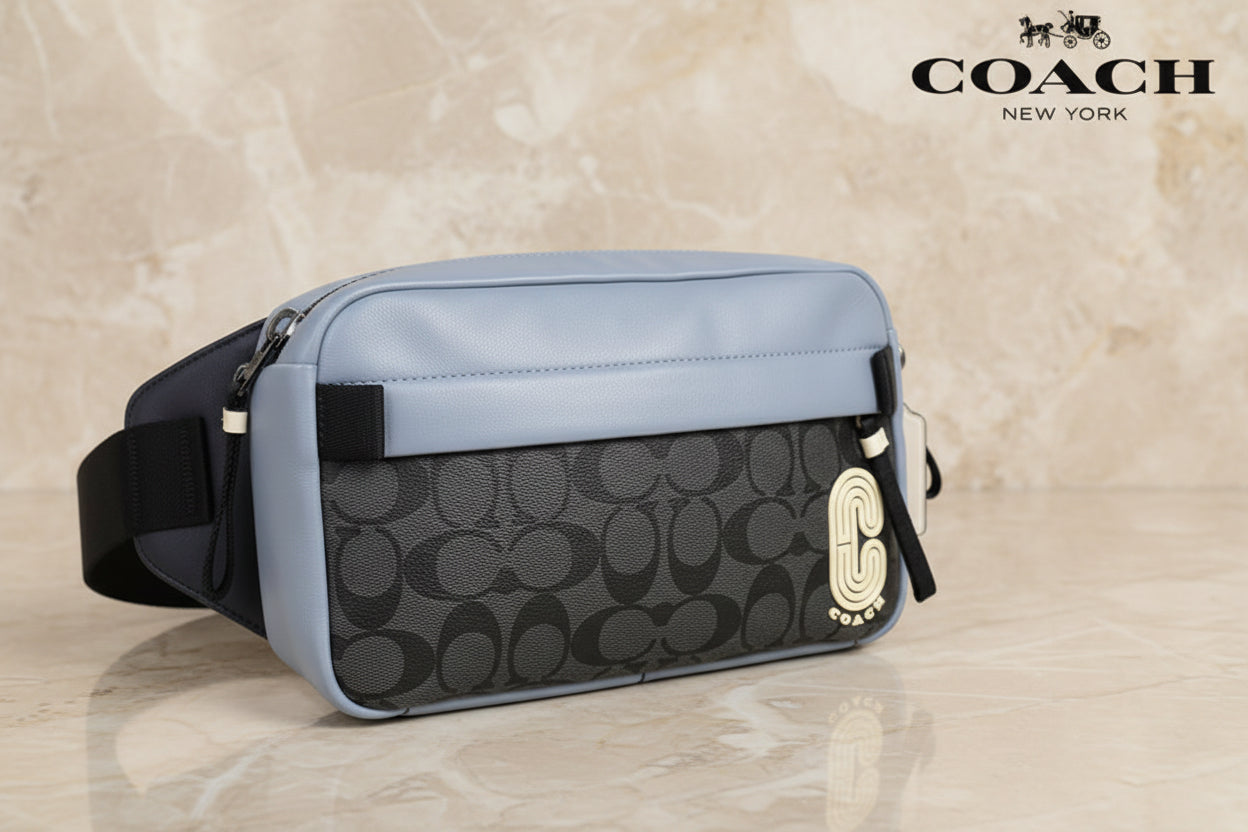 COACH EDGE BODYBAG/CHEST BAG COLORBLOCK BLUE & SIG CHARCOAL BLACK - WITH COAC PATCH