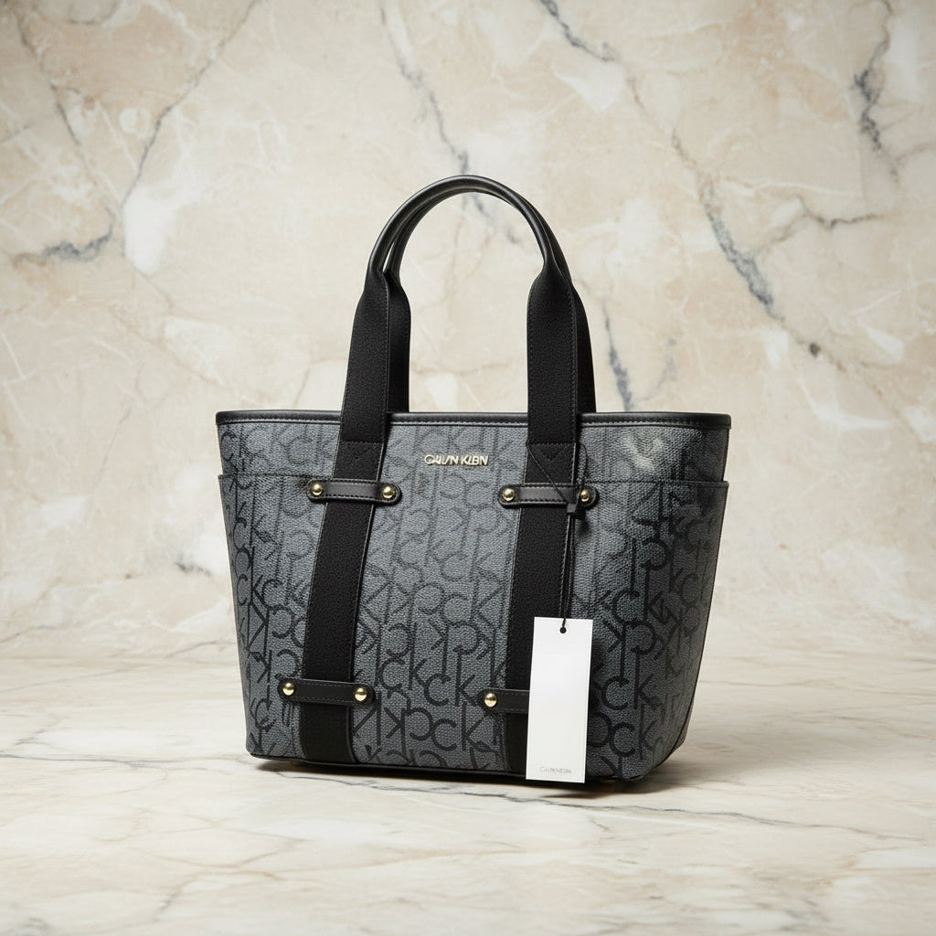 CALVIN KLEIN SATCHEL IN SIGNATURE CHARCOAL BLACK