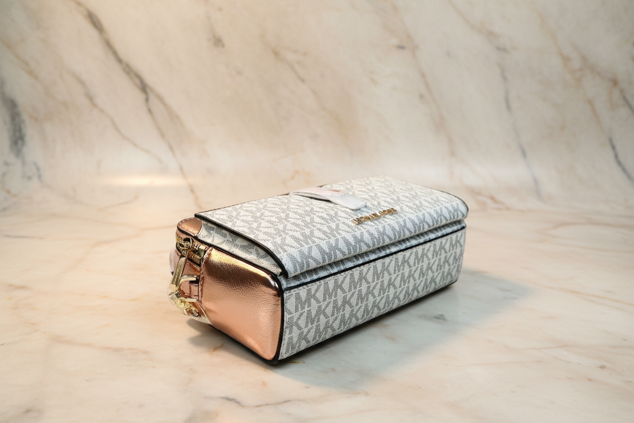 MICHAEL KORS SIGNATURE JET SET METALLIC PRIMEROSE DOUBLE ZIP SMARTPHONE CROSSBODY BAG