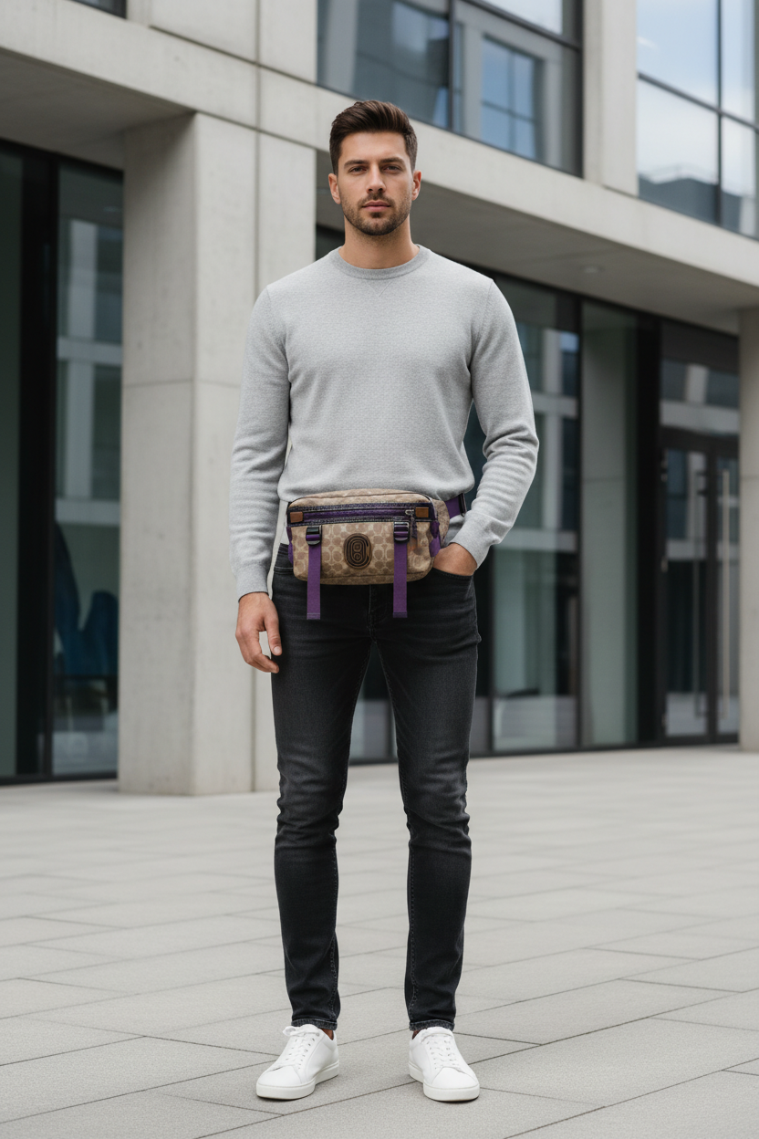 حقيبة خصر/حقيبة جسم محدودة الإصدار مطبوعة بشعار كوتش، مصنوعة من قماش الكانفاس البني المميز.