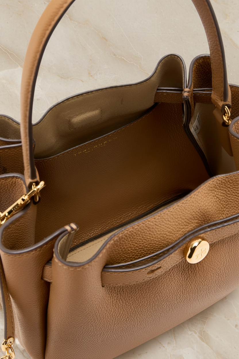 SALE!!! WITH CREASE IN FRONT DUE TO CARGO HANDLING - TORY BURCH SMALL ROMY BUCKET - BROWN