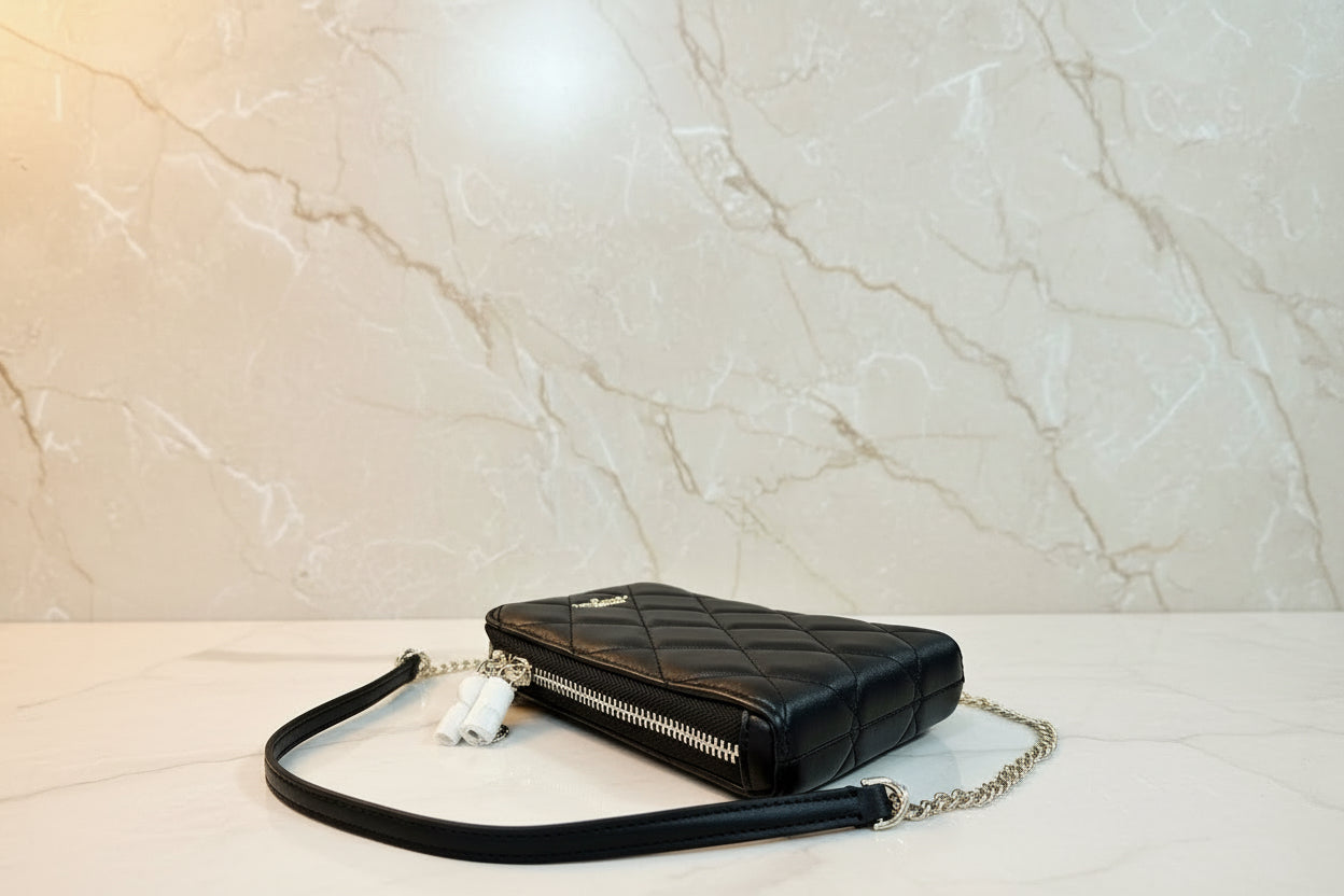 KATE SPADE CAREY NORTH SOUTH ZIP QUILTED PHONE CROSSBODY LEATHER - BLACK