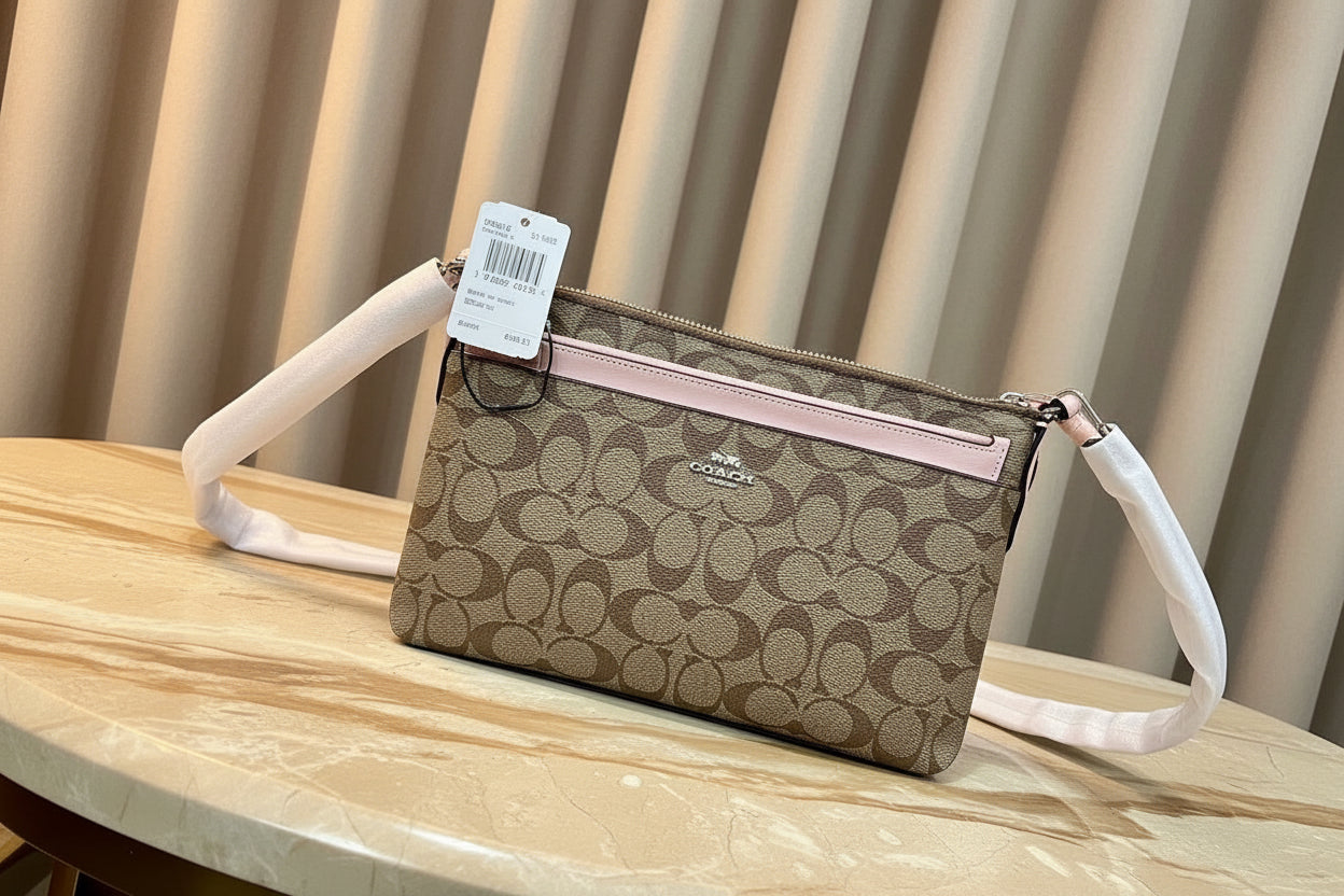 SALE‼️ COACH EAST WEST CROSSBODY WITH POP-UP POUCH KHAKI-PINK - WITH FLAWS/PEELED OFF/SCALED FROM THE CREED INSIDE, SEE PHOTO
