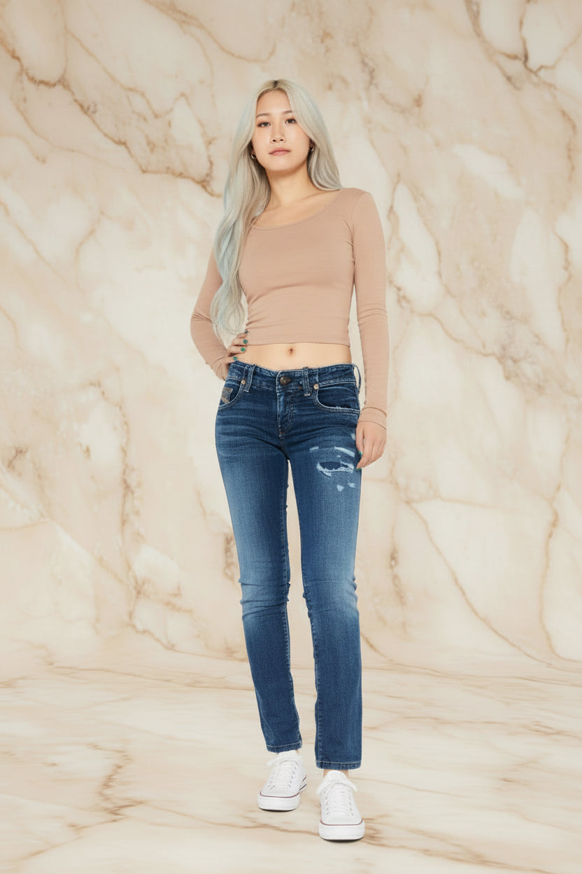 Women Grupee Slim Fit Mid Rise Straight Leg Stretch Jeans, Navy Color